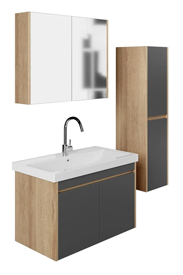 Dallas 80 Cm Lavabolu, Aynalı, Banyo Dolabı, Lavabo Dahil Boy Dolabı Dahil S.meşe-antrasit